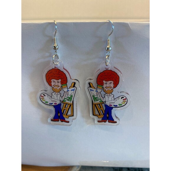 Earrings Bob Ross Painter Art TV Celebrity Let’s Add Some Happy Little Trees! - Picture 1 of 4